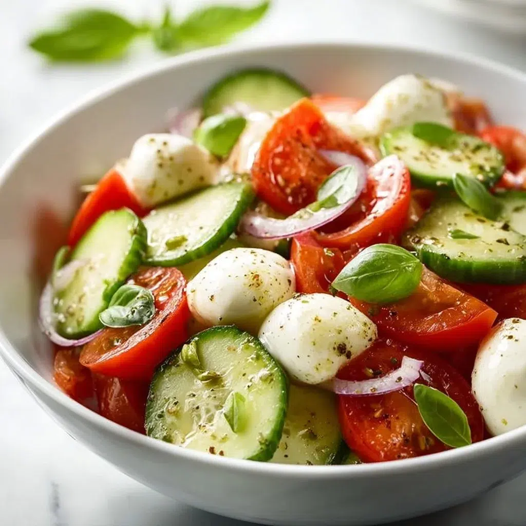 Fresh Cucumber Caprese Salad with red tomatoes and mozzarella
