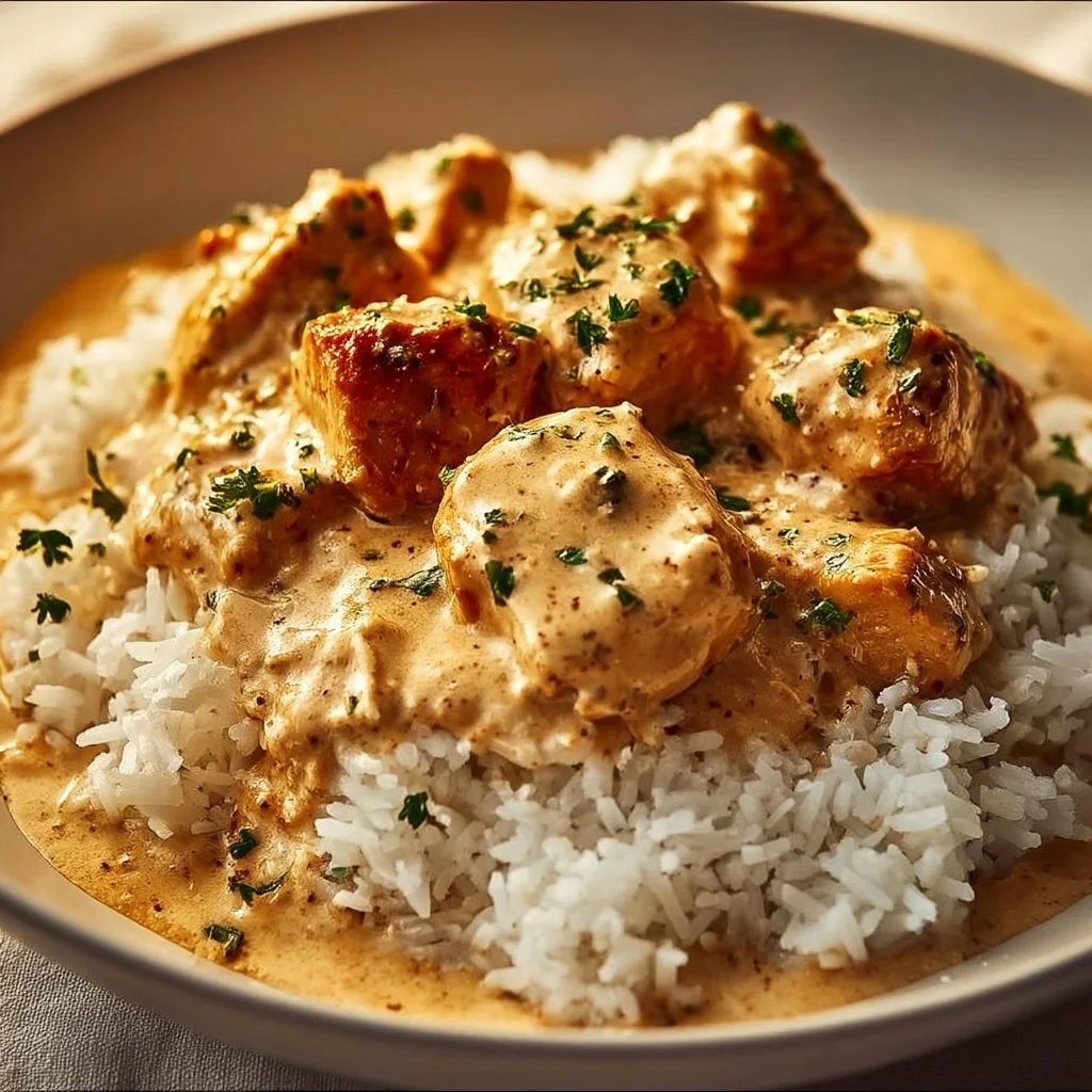 Delicious one pan creamy chicken rice dish cooked with tender chicken and creamy sauce.