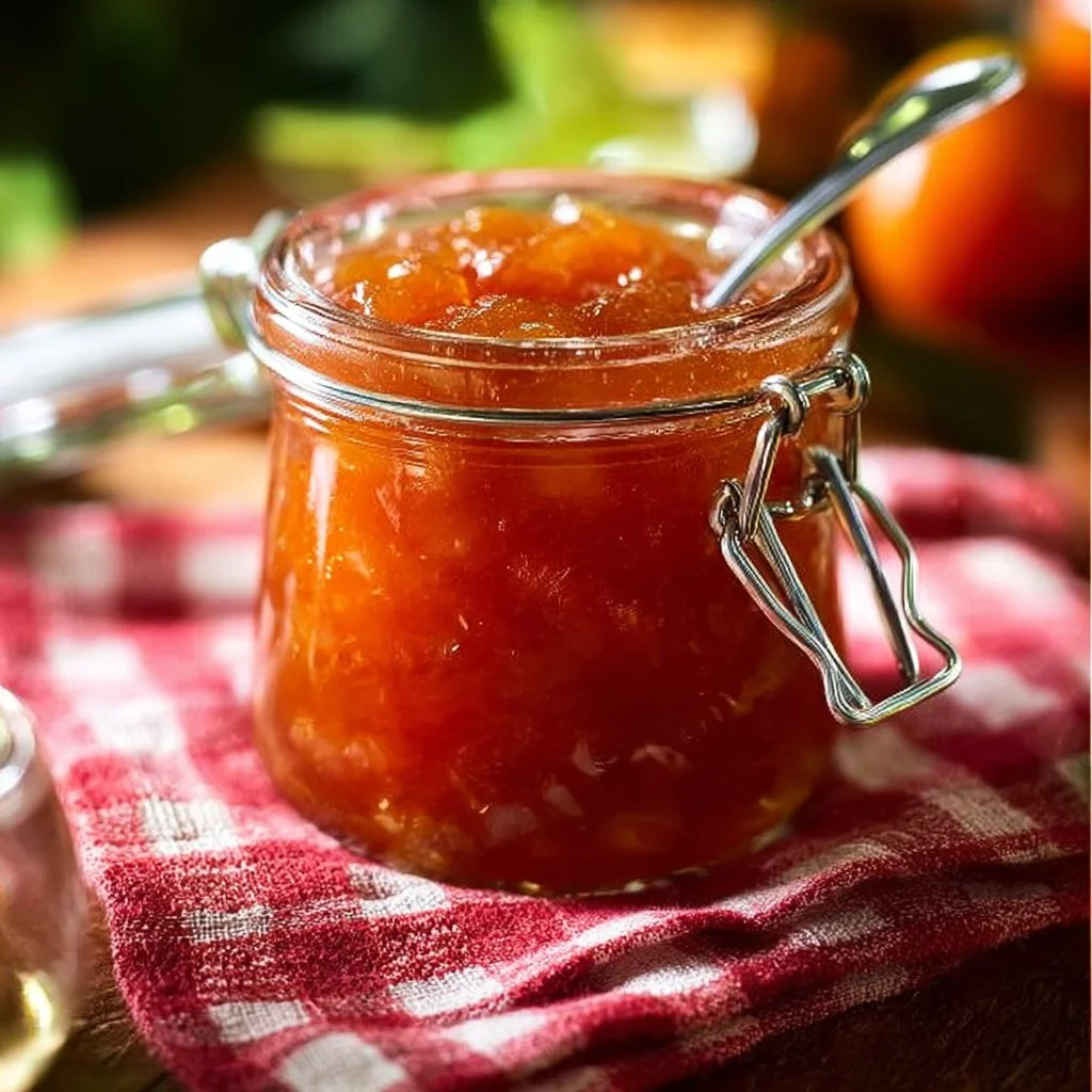 Homemade easy rhubarb peach jam in a jar