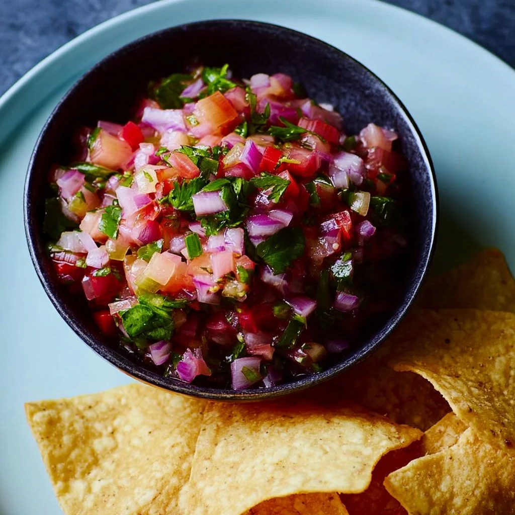 Bowl of Easy Sweet Tangy Rhubarb Salsa with fresh ingredients