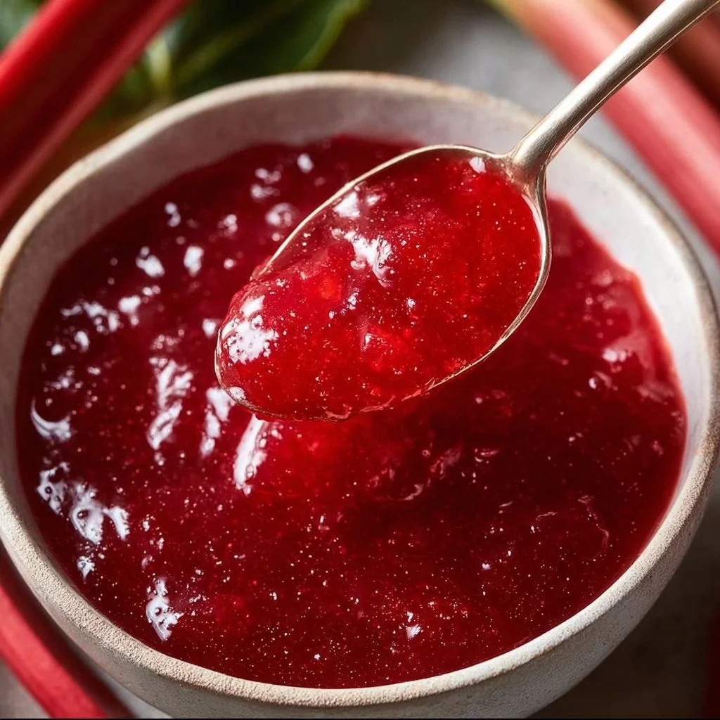 Bowl of homemade easy sweet-tart rhubarb jam served with toast