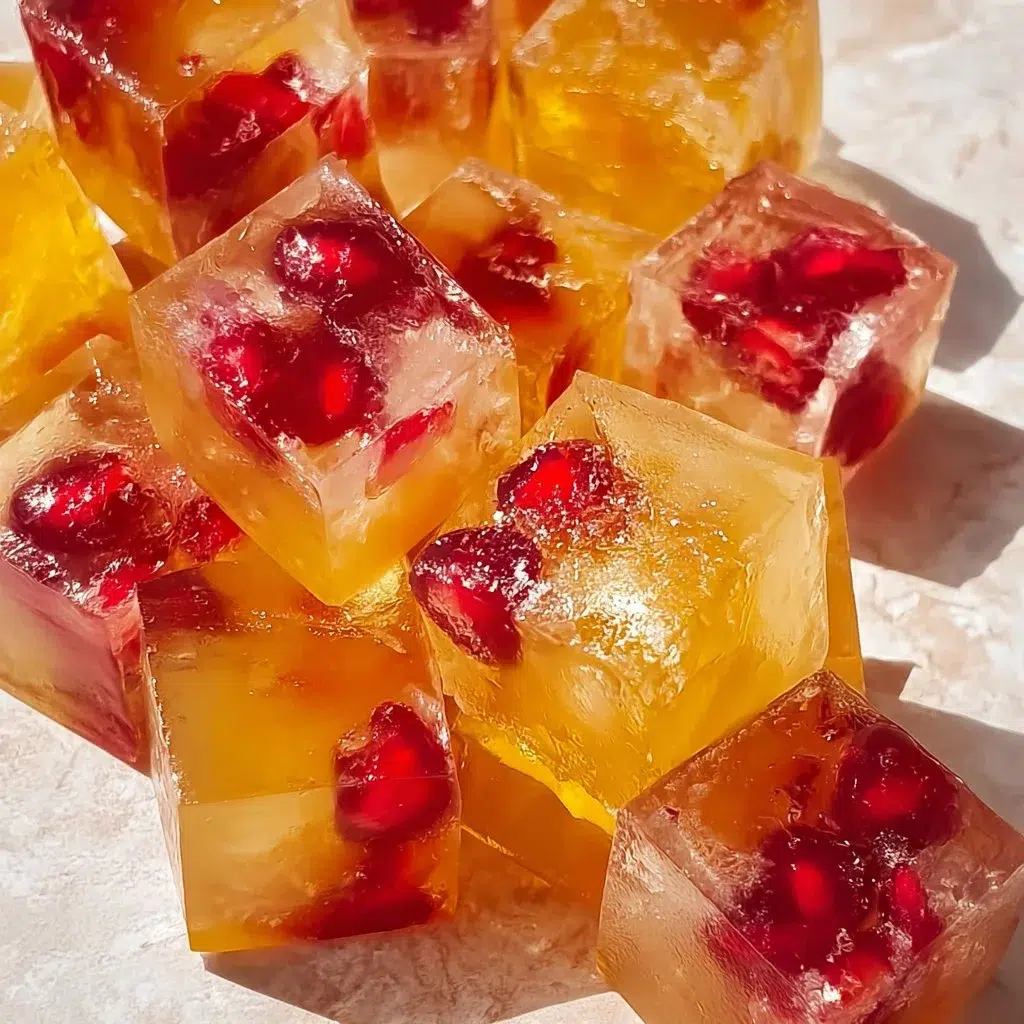 Colorful fancy fruit ice cubes in a clear glass pitcher