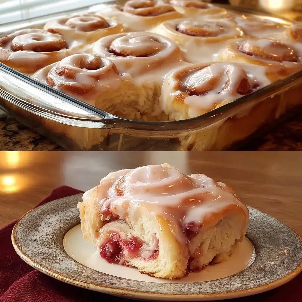 Fluffy raspberry rhubarb sweet rolls on a plate with fresh raspberries