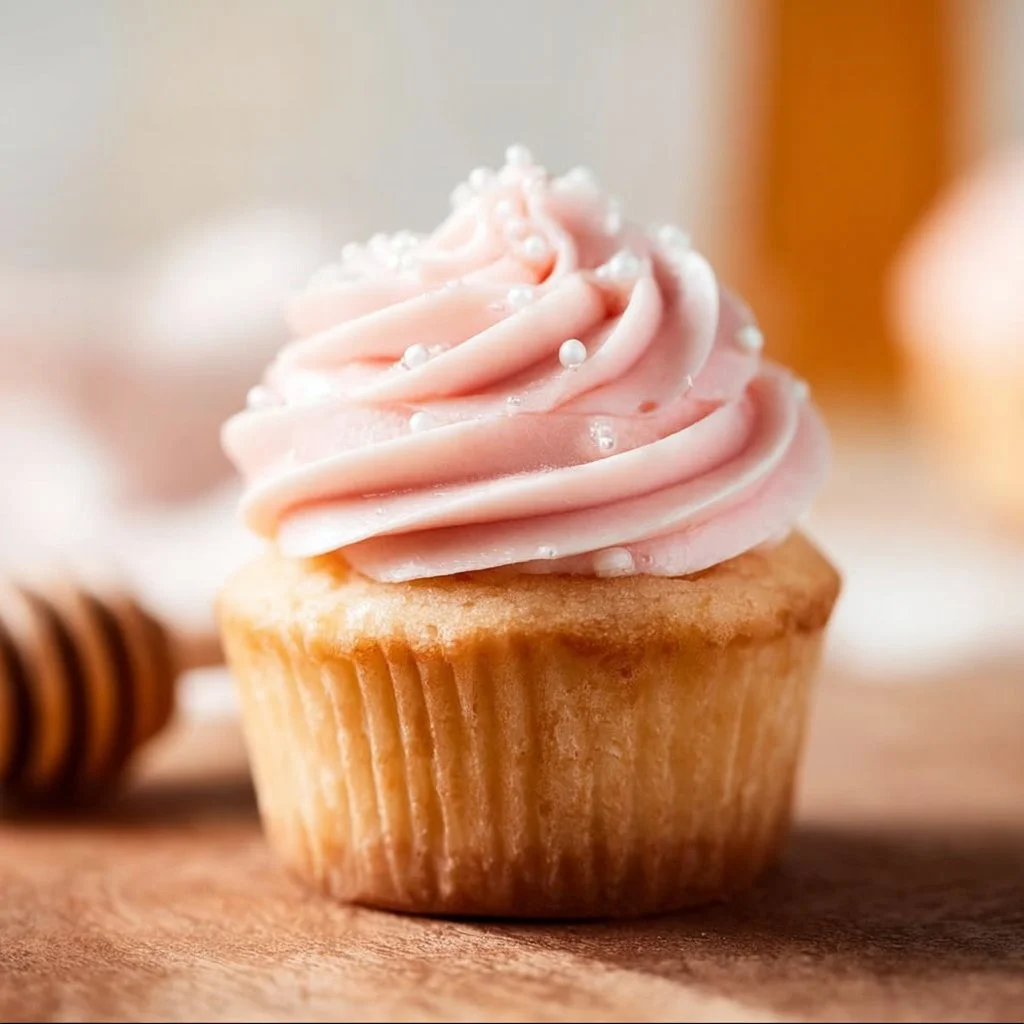 Fluffy rhubarb honey cupcakes topped with creamy frosting