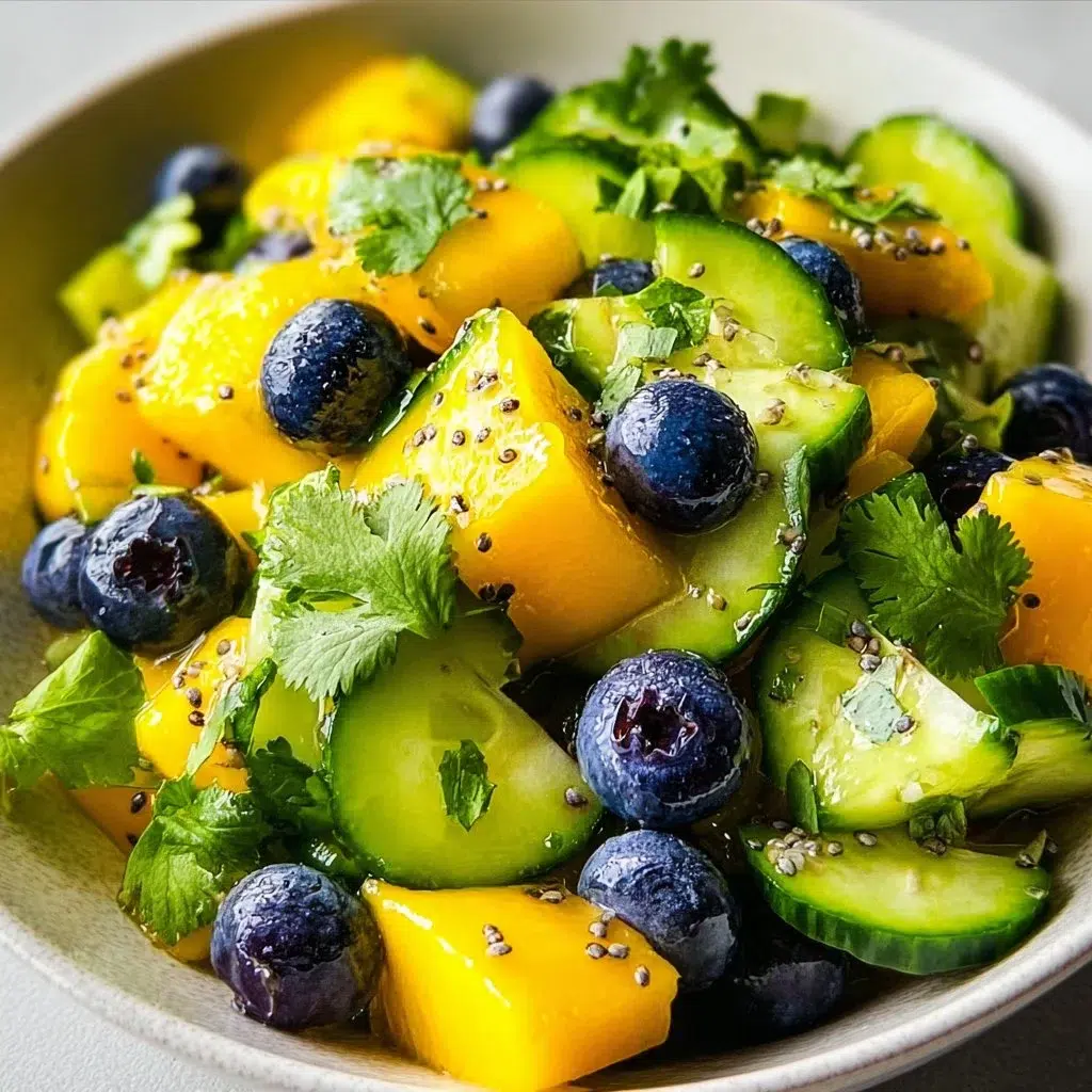 Fresh Mango Cucumber Avocado Salad with colorful ingredients in a bowl