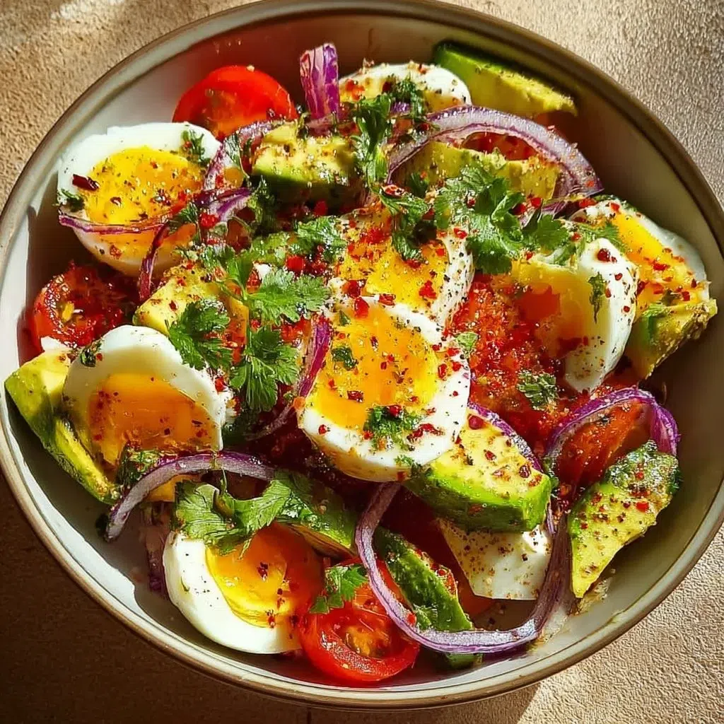 High protein egg avocado salad with fresh ingredients and vibrant colors