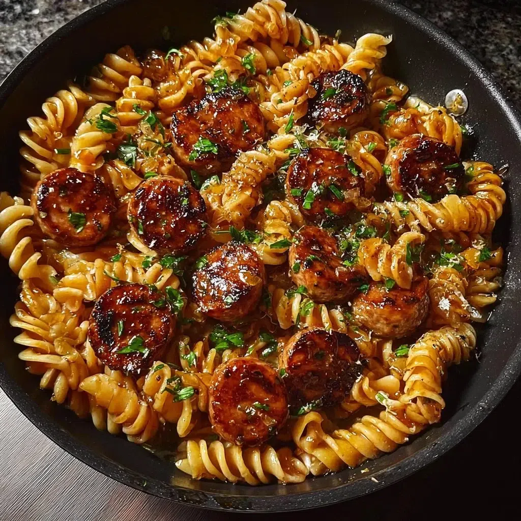 Honey Garlic Sausage Pasta 3 Plate of Honey Garlic Sausage Pasta with fresh herbs and vegetables