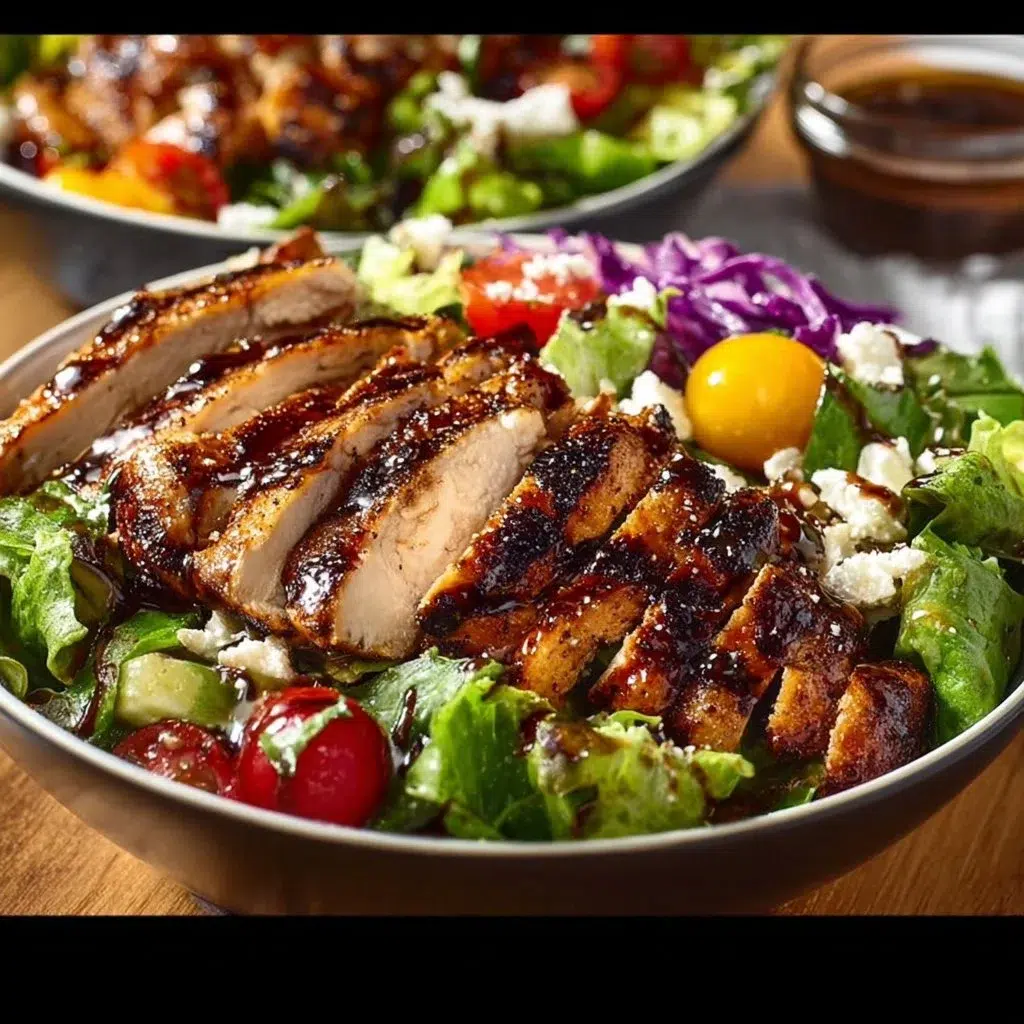 Juicy balsamic grilled chicken salad with fresh greens and vegetables