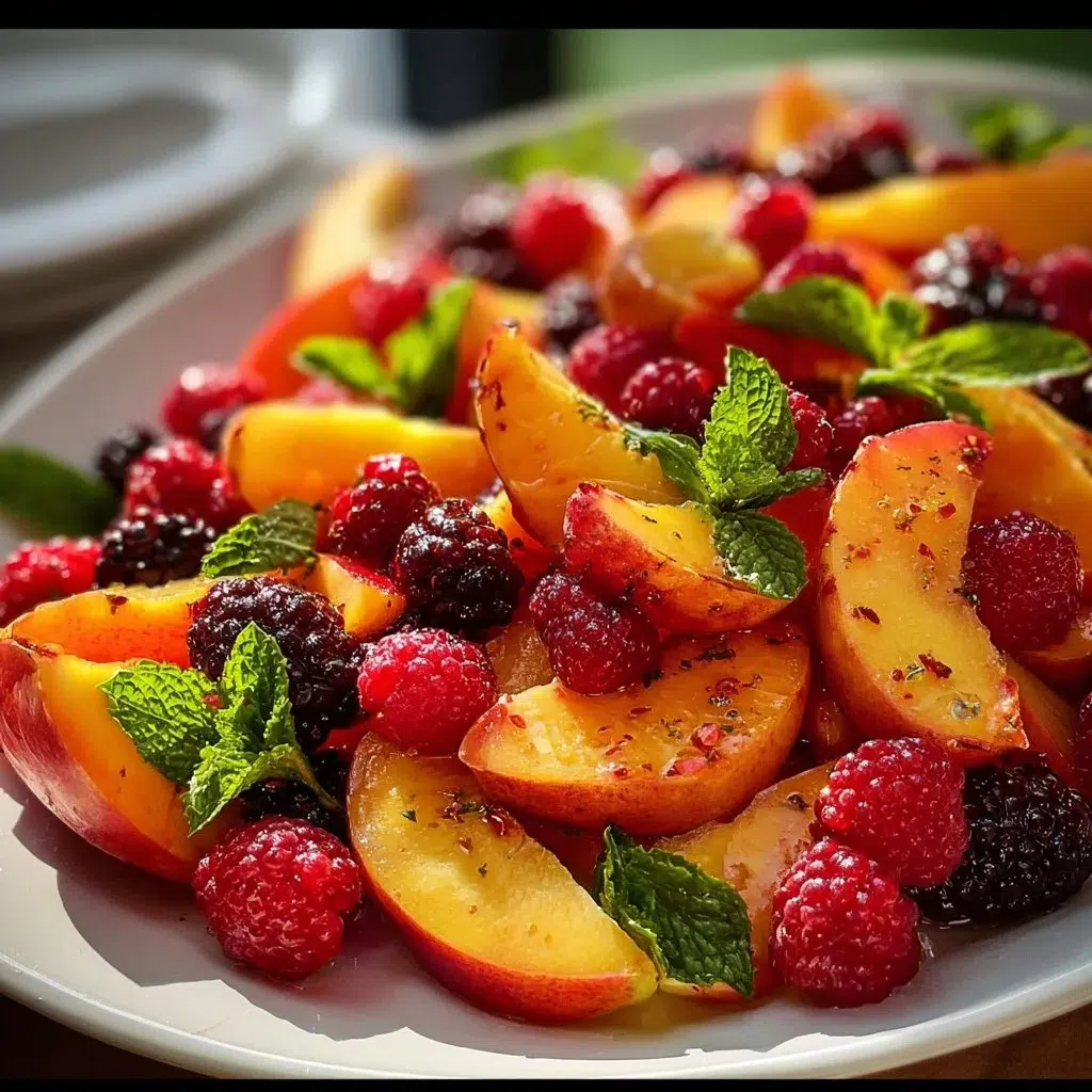Fresh and colorful juicy peach salad bowl with greens and toppings
