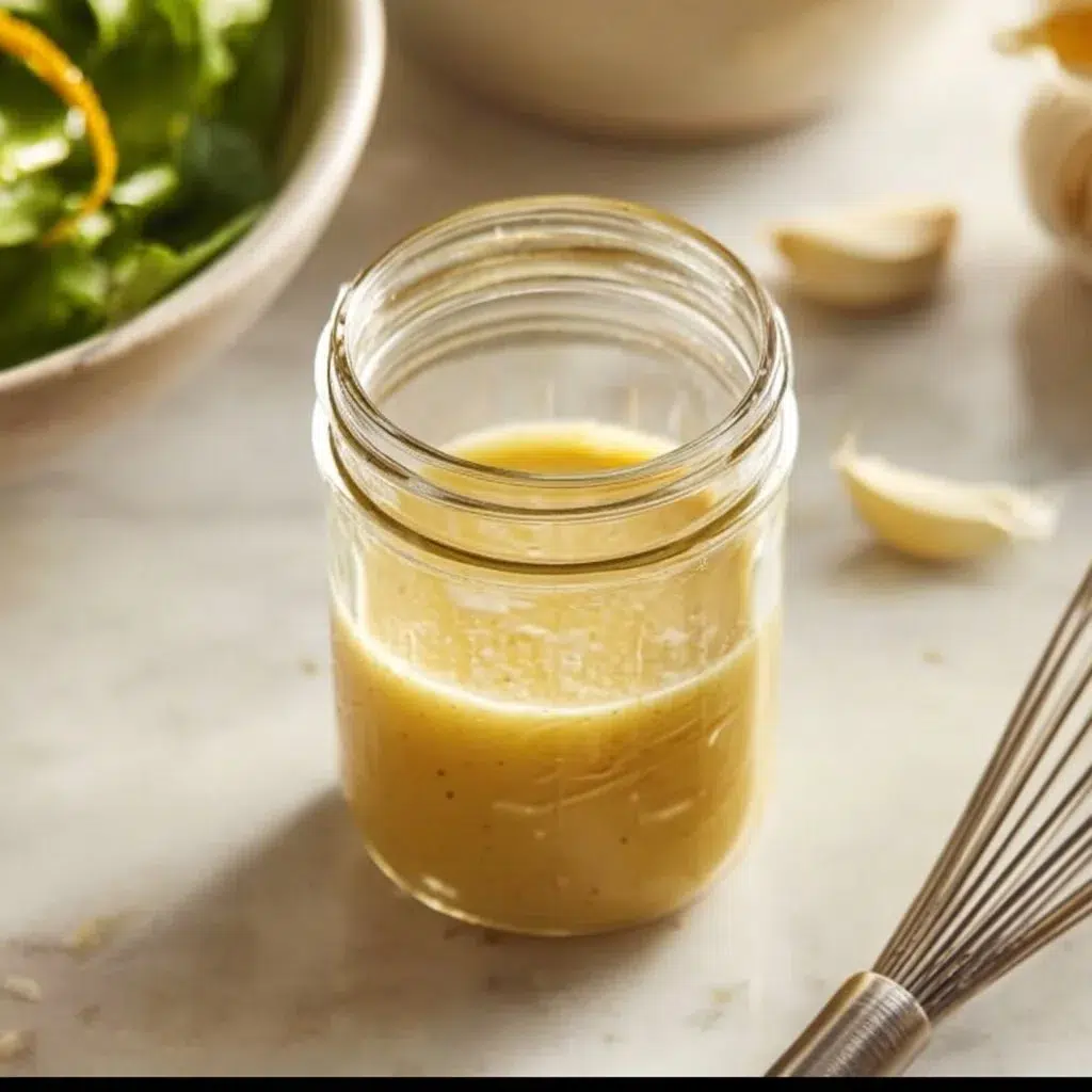 A vibrant bowl of homemade Lemon Parmesan Vinaigrette dressing with ingredients.