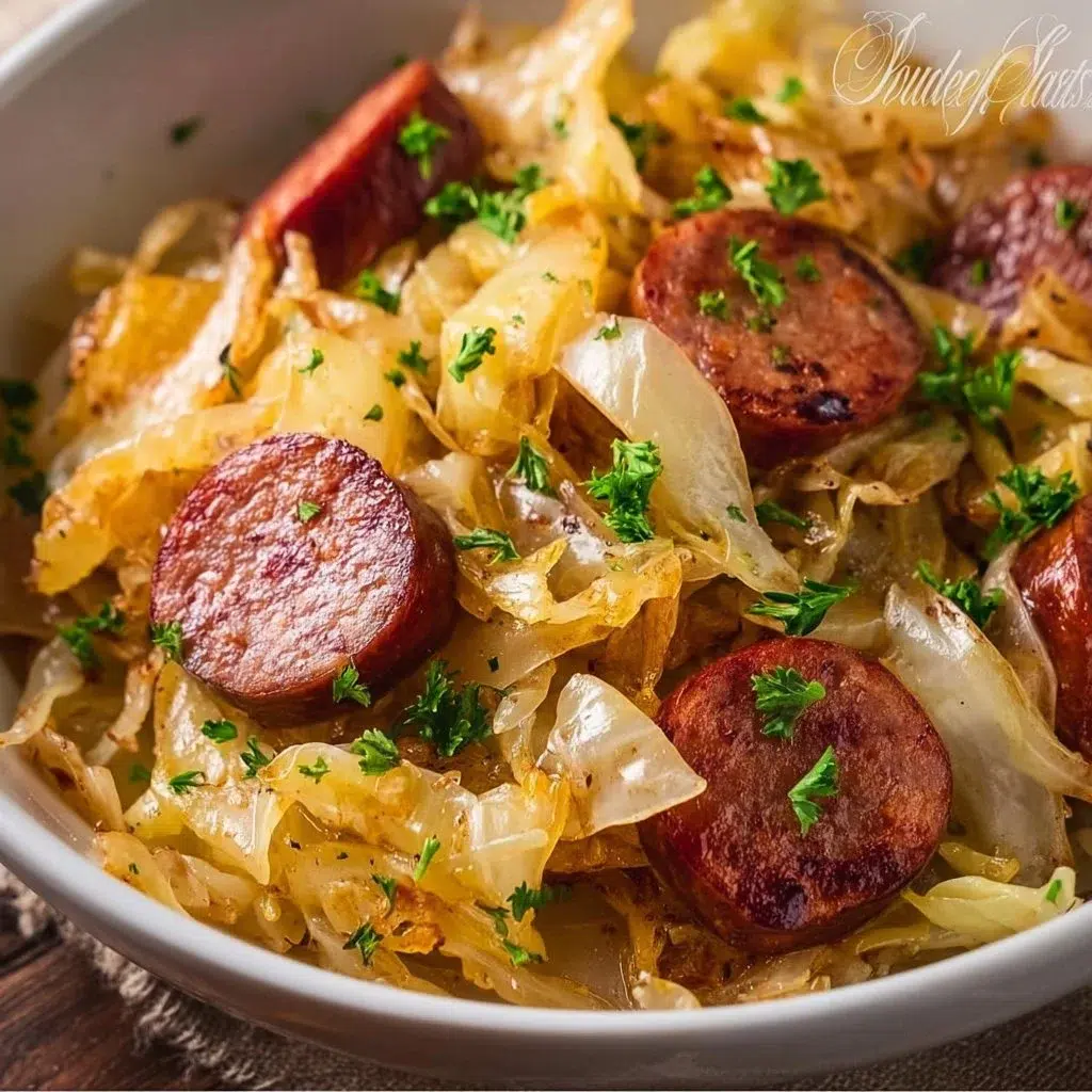 One Pan Cabbage Sausage Skillet with colorful veggies in a frying pan