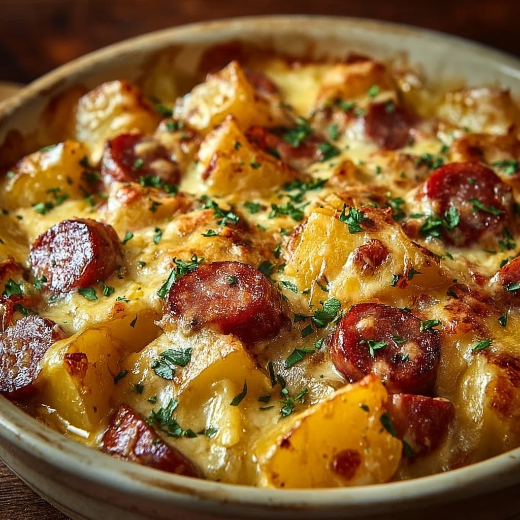 One pan cheesy kielbasa with potatoes, a delicious and easy dinner recipe.