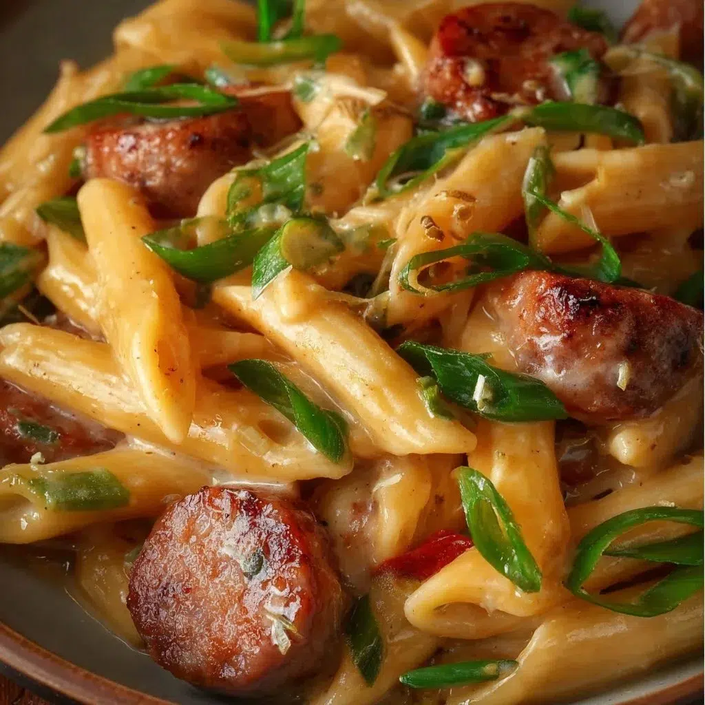 One Pan Cheesy Sausage Pasta with creamy sauce and sausage in a skillet.