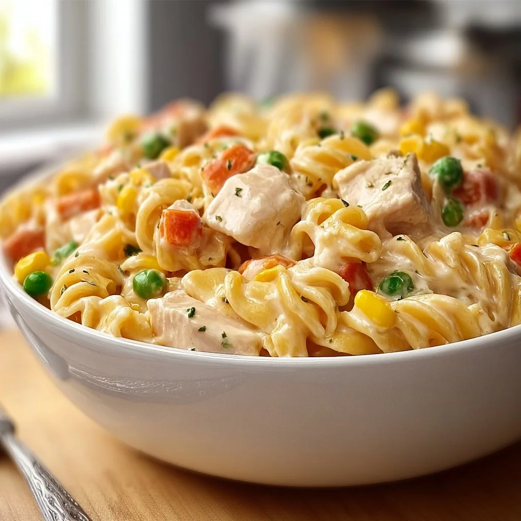 One Pan Chicken Pot Pie Pasta in a skillet, ready to serve