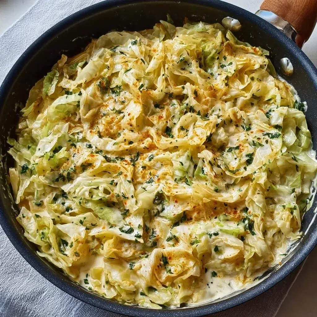 One pan creamy cabbage alfredo dish garnished and ready to serve