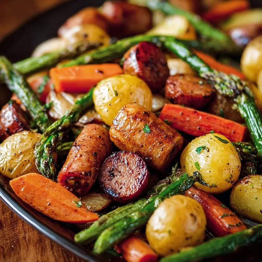 One Pan Kielbasa Veggie Bake with colorful vegetables and sausage