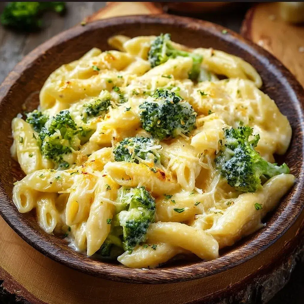 Delicious one pot broccoli cheese pasta dish topped with melted cheese