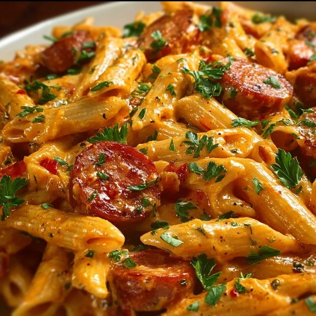 Creamy Cajun sausage pasta in a one pot meal, ready to serve and enjoy.