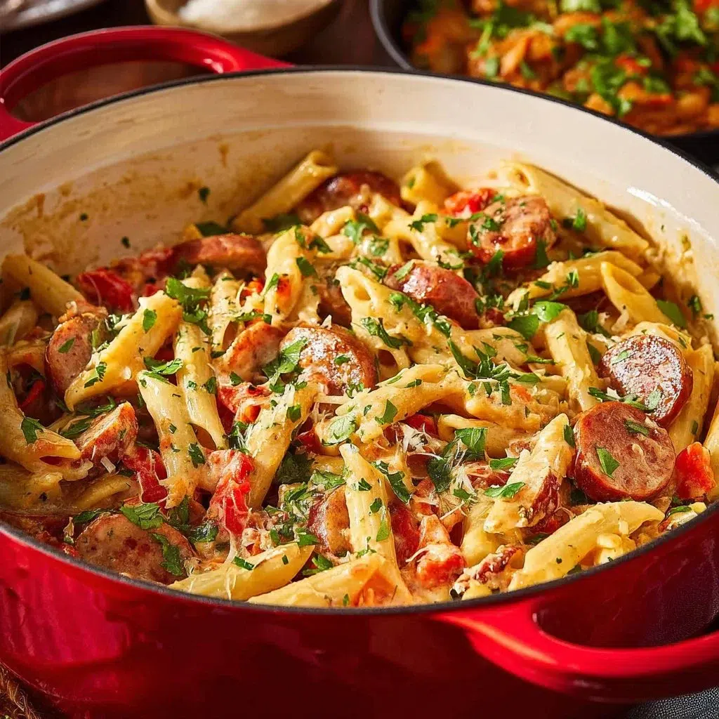 One pot creamy kielbasa pasta served in a bowl with herbs