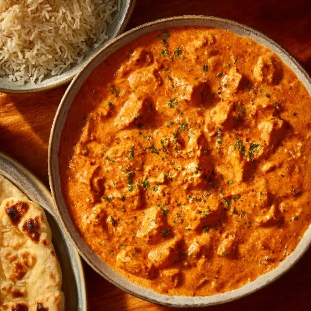 Delicious bowl of homemade butter chicken served with rice and naan