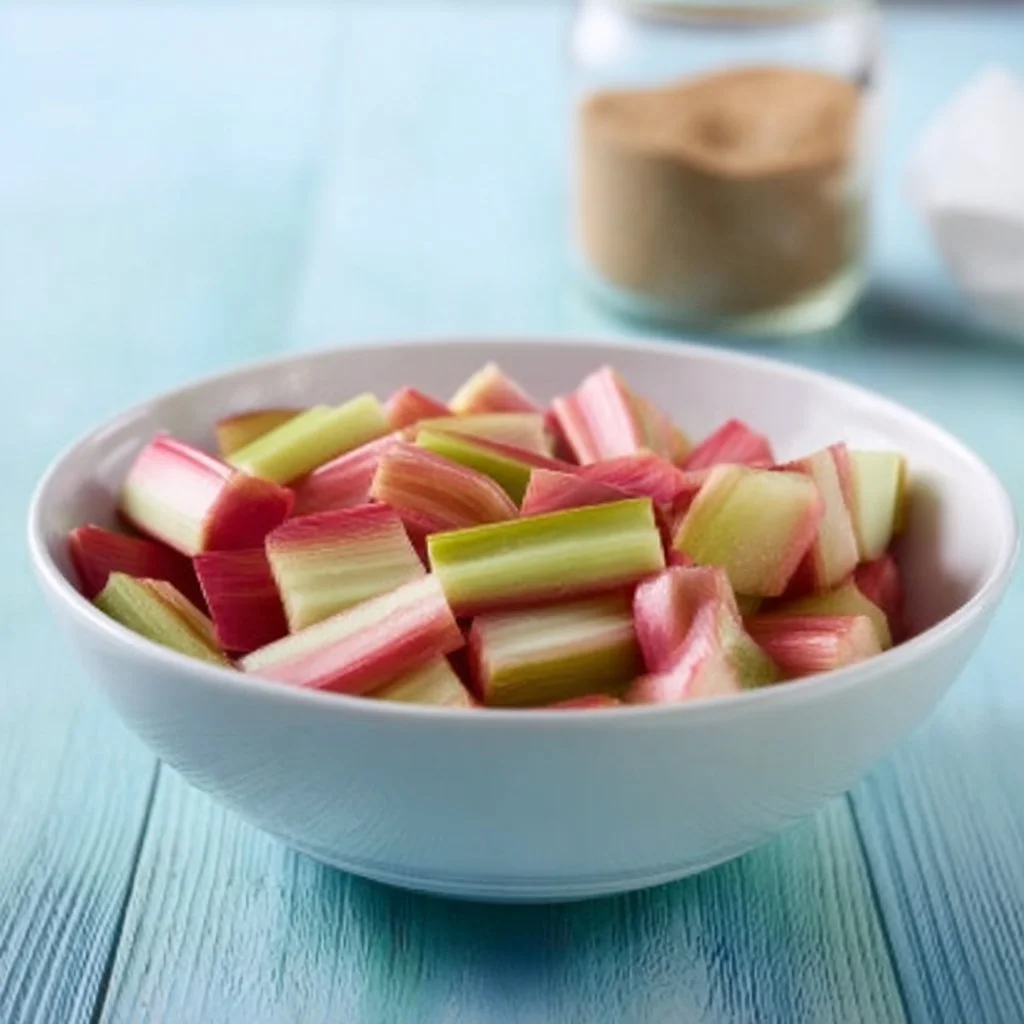 Delicious homemade rhubarb sauce served in a bowl with fresh rhubarb stalks.