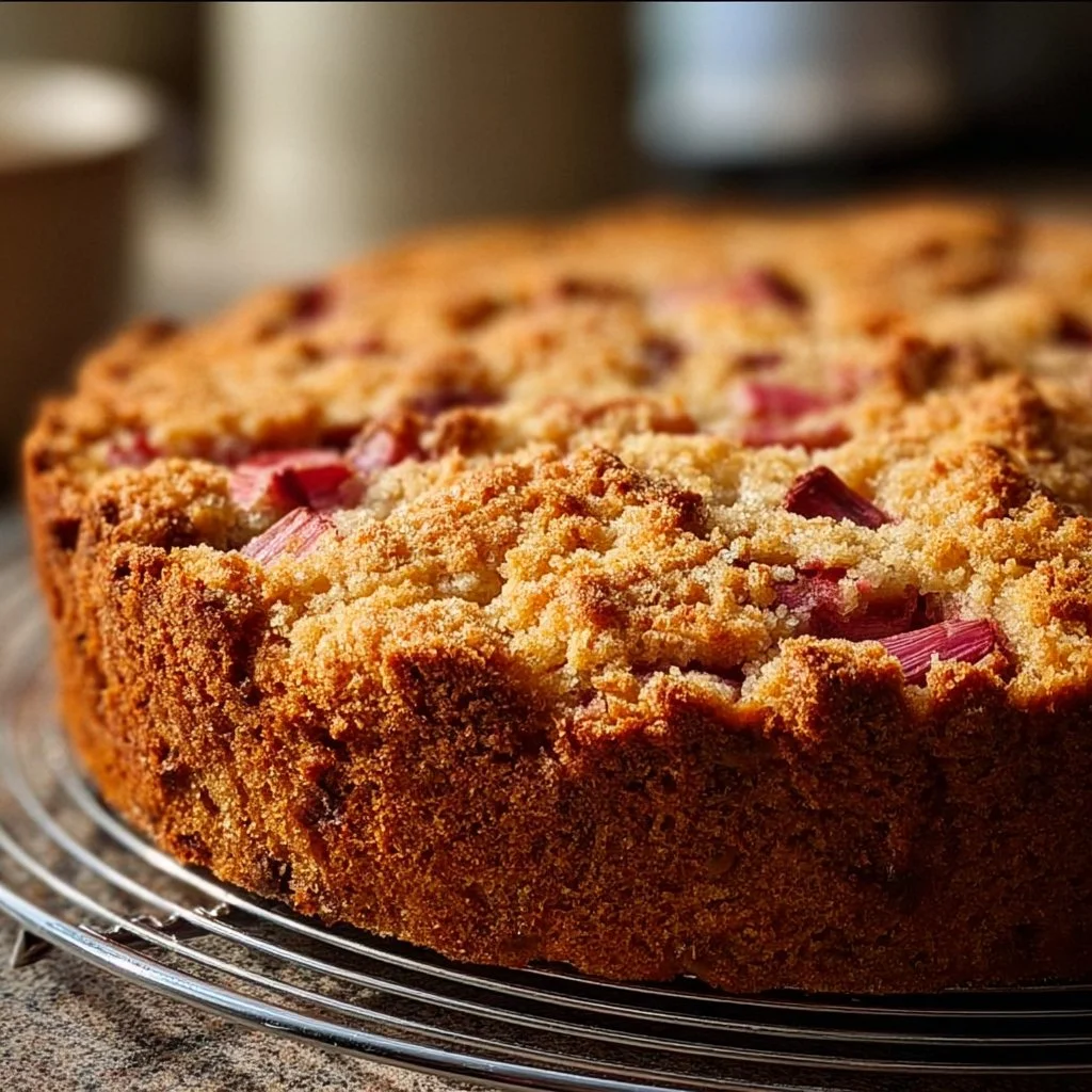 Rhubarb Sour Cream Coffee Cake fresh out of the oven, showcasing its delicious layers.
