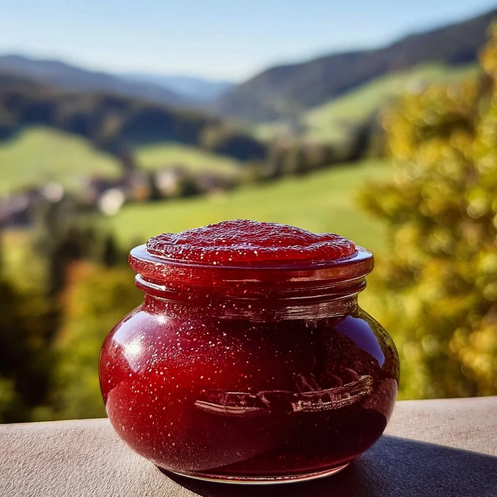 A jar of small batch rhubarb butter on a wooden table with fresh rhubarb stalks