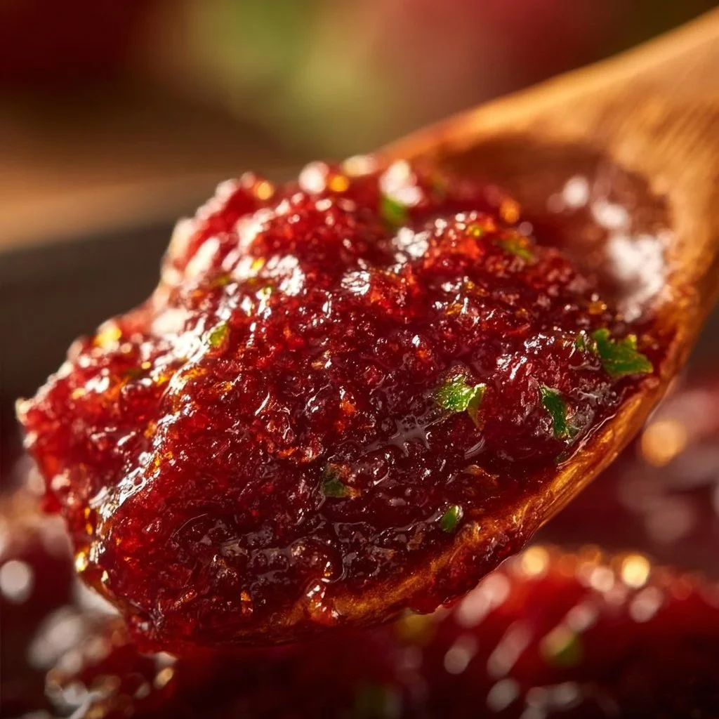 Small batch rhubarb mint jam in a glass jar with mint leaves