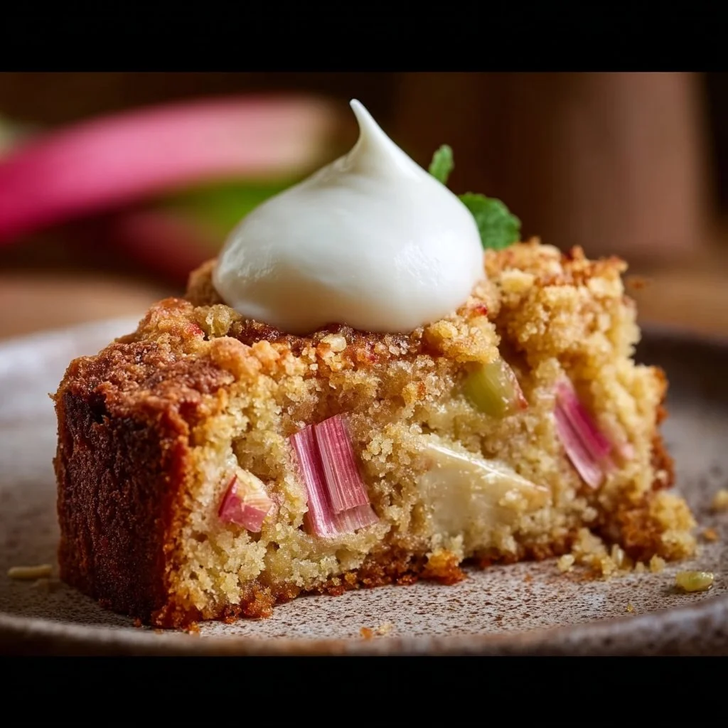 Soft rhubarb cake with sauce served on a white plate