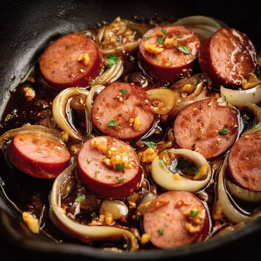 Delicious Sticky Honey Garlic Kielbasa Skillet served in a pan