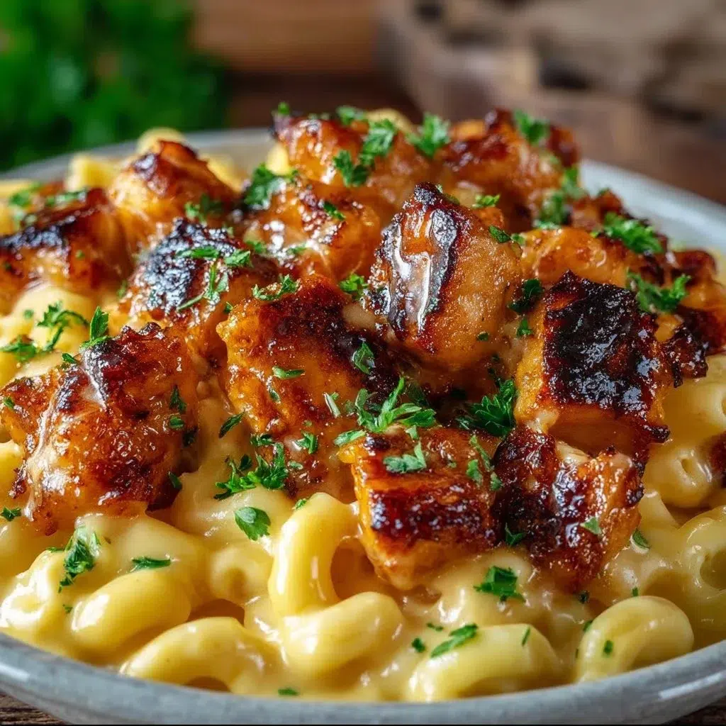 Sweet Spicy Chicken Mac Cheese with creamy sauce and tender chicken pieces