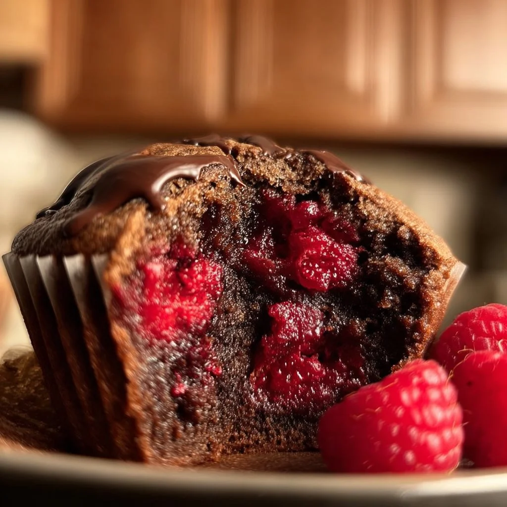 Every Meal, Made Irresistible 6 Delicious dark chocolate raspberry muffins on a baking tray.
