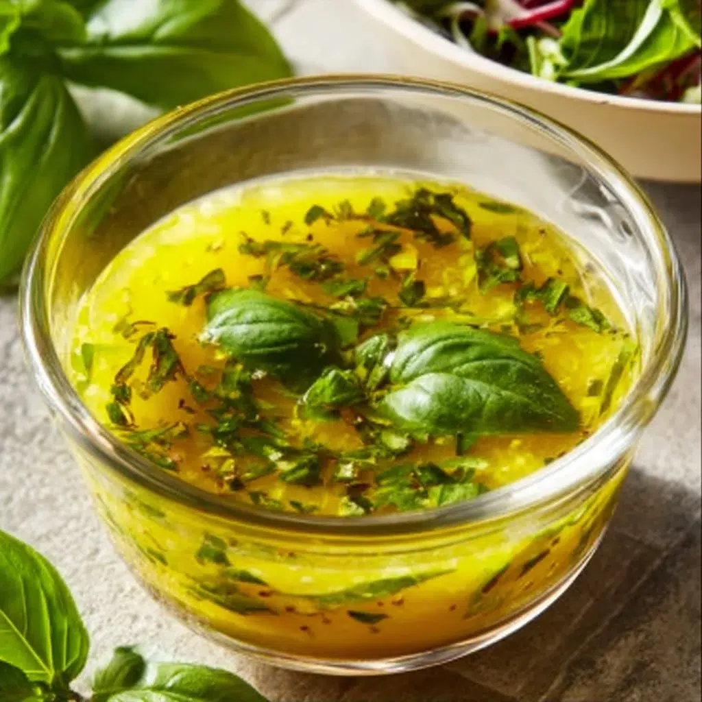 Bowl of zesty lemon basil vinaigrette drizzled over fresh summer salad