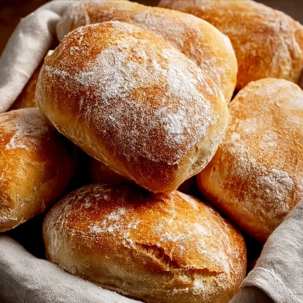 Freshly baked ciabatta bread on a rustic wooden table