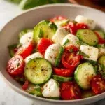 Beautiful Cucumber Caprese Salad featuring layers of fresh cucumbers, mozzarella, and basil.