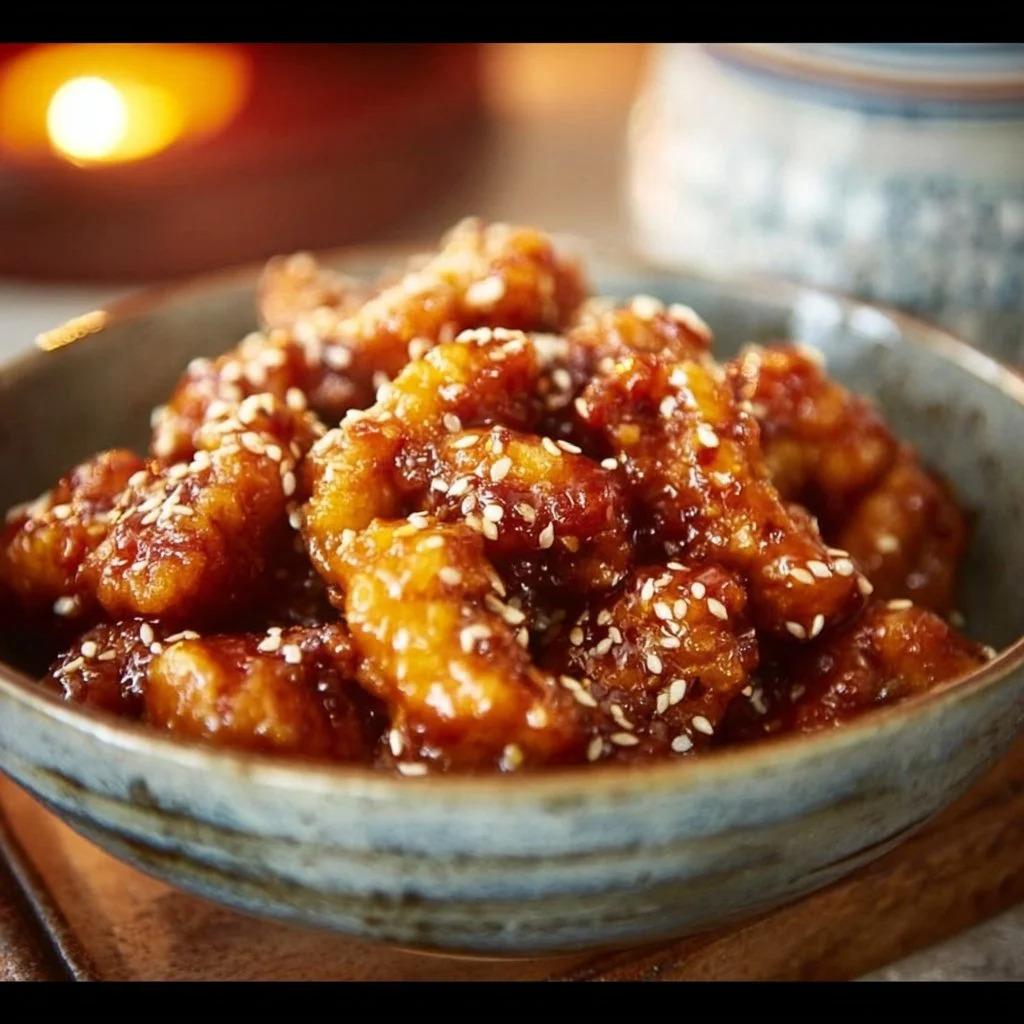 Delicious crispy sesame chicken plated with sesame seeds and green onions.
