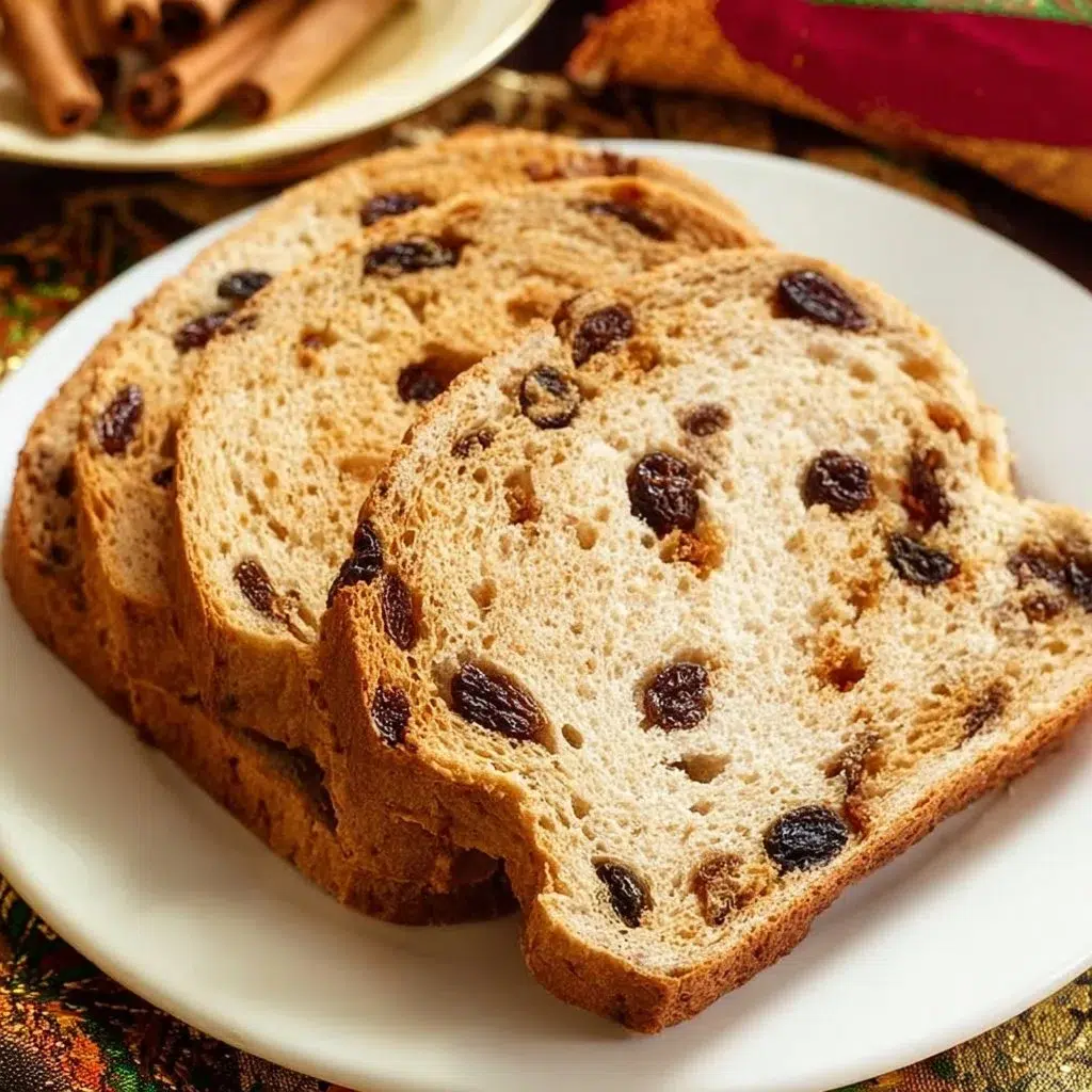 Homemade bread machine cinnamon raisin bread with golden crust and cinnamon aroma.