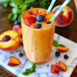 Creamy 3-Ingredient Peach Smoothie served in glasses with fresh peach slices and blueberries